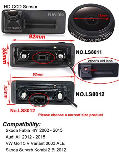 Navinio Cámara reversible del vehículo de 170 ° integrada en caso maneja la cámara de marcha atrás Cámara de Visión Trasera para Skoda Roomster Fabia Octavia Yeti Superb For Audi A1