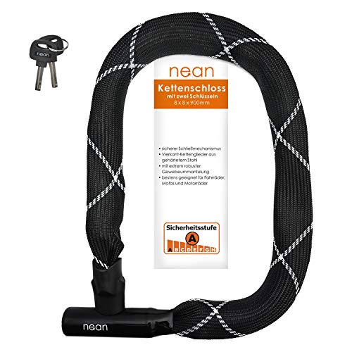 nean Candado de cadena cuadrado para bicicleta o motocicleta, 2 llaves de seguridad, recubrimiento de tejido extremadamente resistente, eslabones de acero endurecido, 8 x 8 x 900 mm, color negro