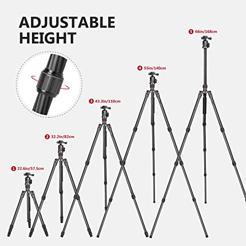 Neewer 10081590, Fibra de Carbono Cámara Trípode Monopie 168cm con 360 Grados cabeza de bola, Placa de Zapata Rápida 1/4", Bolsa para Cámara DSLR, Videocámara de Video, Carga hasta 12 kg, rojo y negro