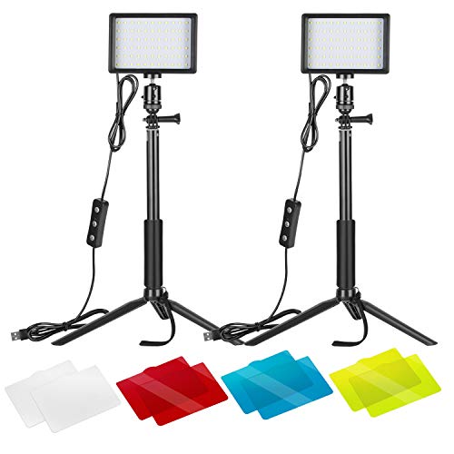 Neewer 2 X Luz de Vídeo LED USB de Regulables 5600K con Soporte de Trípode Profesional y Filtros de Color para Grabación en Ángulo Bajo, luminación de Videoconferencia/Juegos/YouTube/Fotografía