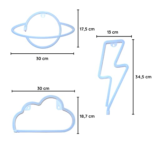 NELUX Pack de 3 Planeta, Rayo y Nube - Luces de Neón LED para Pared de Dormitorio o Bar, Cartel Luminoso para Decorar Habitación de Adolescentes, Fiestas o Navidad. Conexión USB o 3 Pilas AA.