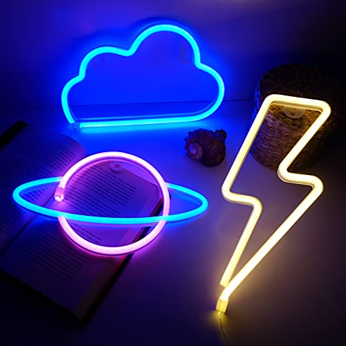 NELUX Pack de 3 Planeta, Rayo y Nube - Luces de Neón LED para Pared de Dormitorio o Bar, Cartel Luminoso para Decorar Habitación de Adolescentes, Fiestas o Navidad. Conexión USB o 3 Pilas AA.