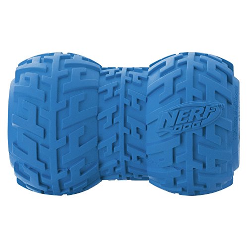 Nerf Dog Juguete para Perro con alimentador de neumáticos, Ligero, Duradero y Resistente al Agua, 10 cm, para Razas Medianas/Grandes, Paquete de Dos Unidades, Azul y Rojo