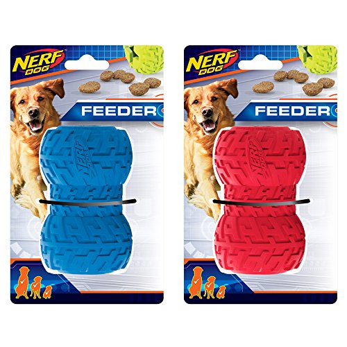 Nerf Dog Juguete para Perro con alimentador de neumáticos, Ligero, Duradero y Resistente al Agua, 10 cm, para Razas Medianas/Grandes, Paquete de Dos Unidades, Azul y Rojo