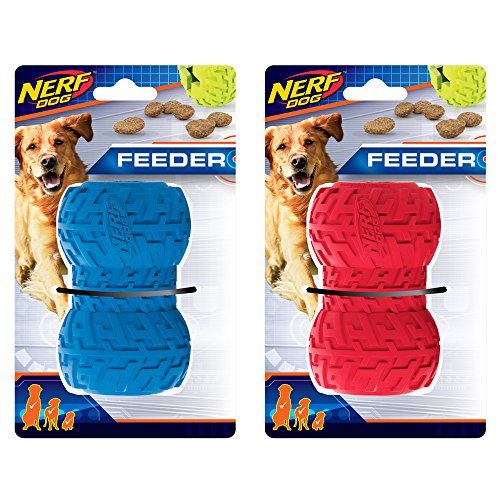 Nerf Dog Juguete para Perro con alimentador de neumáticos, Ligero, Duradero y Resistente al Agua, 10 cm, para Razas Medianas/Grandes, Paquete de Dos Unidades, Azul y Rojo