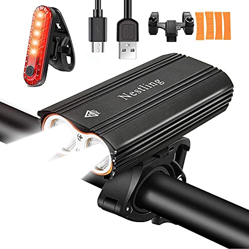 Nestling®Luz Bicicleta,Luz Bicicleta LED Recargable USB con 4 Modos 2400 Lúmenes IP65 Impermeable, Linterna Bicicleta con Luz Bicicleta Delantera y Trasera, Luz Bicicleta para Carretera y Montaña