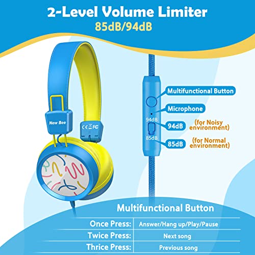 New Bee Auriculares para Niños con Micrófono Volumen de Seguridad Limitado 85 / 95dB Auriculares Plegable para Viajes, Escuela, Computadora, Teléfono, Tableta (Azul)