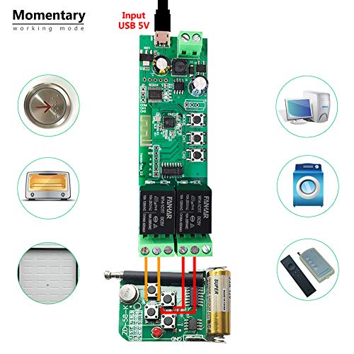 Newgoal Módulo de relé de interruptor inteligente WiFi de 2 canales, la aplicación TUYA/Smart Life se utiliza para el control remoto del hogar inteligente, el tiempo instantáneo es ajustable