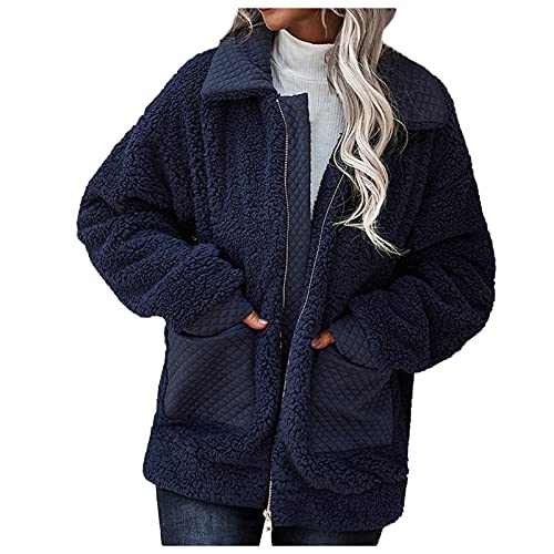 NHNKB Chaqueta de invierno para mujer Puffy Teddy de forro polar, abrigo de invierno, parka monocolor, forro polar con cremallera, marine, XL