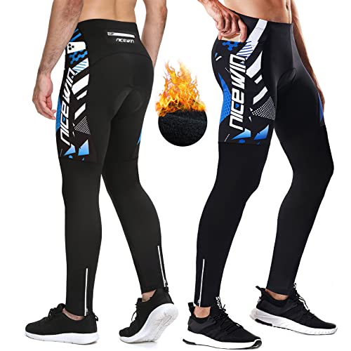 NICEWIN Pantalones de Ciclismo para Hombre 3D Acolchados para Bicicleta de Carretera Mallas largas con Bolsillos para Andar en Bicicleta al Aire Libre Polar Azul 2XL