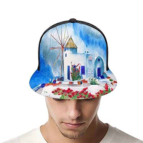 Nicokee Acuarela tradicional griego patio malla sombrero gorra de béisbol flores molino de viento Santorini paisaje plano Snapback sombreros ajustable sombrero de pista para hombres mujeres