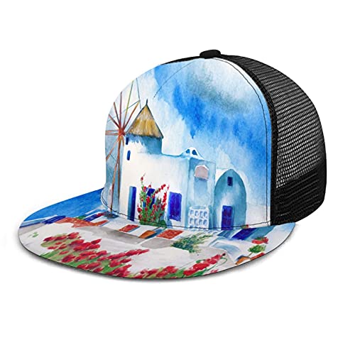Nicokee Acuarela tradicional griego patio malla sombrero gorra de béisbol flores molino de viento Santorini paisaje plano Snapback sombreros ajustable sombrero de pista para hombres mujeres