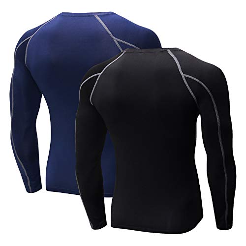 Niksa 2 Piezas Camisetas de Fitness Compresión Ropa Deportiva Manga Larga Hombre para Correr, Ejercicio,Gimnasio 1059 (Large(Fit Chest 37"-39"), (Manga Larga) Negro Gris+Azul Marino)