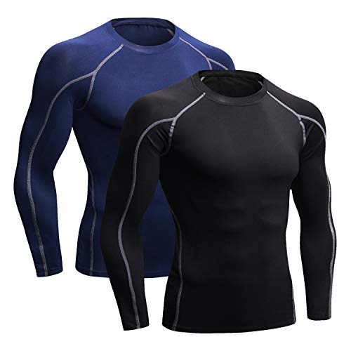 Niksa 2 Piezas Camisetas de Fitness Compresión Ropa Deportiva Manga Larga Hombre para Correr, Ejercicio,Gimnasio 1059 (Large(Fit Chest 37"-39"), (Manga Larga) Negro Gris+Azul Marino)