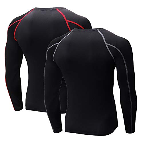 Niksa 2 Piezas Camisetas de Fitness Compresión Ropa Deportiva Manga Larga Hombre para Correr, Ejercicio,Gimnasio 1059 (Medium(Fit Chest 35.5"-37.5"), (Manga Larga) Negro Gris+Negro Rojo)