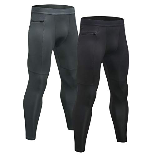 Niksa 2 Piezas Mallas Hombre Fitness Leggings Deporte Pantalón Largo de Compresión Negro Gris Negro Gris Large