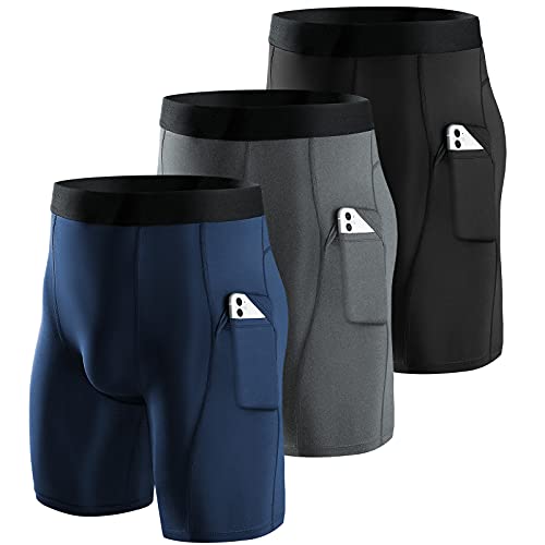 Niksa 3 Piezas Mallas Running Hombre Cortas Pantalones Cortos Compresión Básica Hombre Pantalones Cortos Entrenamiento con Bolsillo para Celular Secado Rápido Transpirable Pantalones Cortos