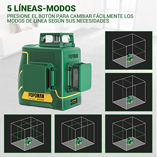 Nivel Láser Verde 3x360° POPOMAN, 3D Línea Láser Profesional 45m, Autonivelación y Modo de Pulso, Caja para regalar-MTM350B