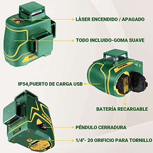 Nivel Láser Verde 3x360° POPOMAN, 3D Línea Láser Profesional 45m, Autonivelación y Modo de Pulso, Caja para regalar-MTM350B