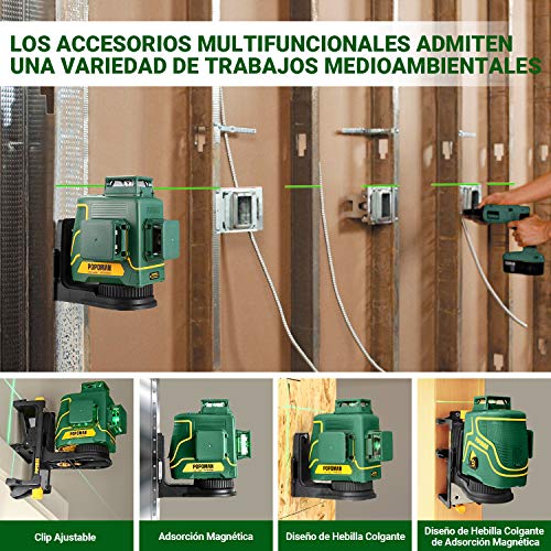 Nivel Láser Verde 3x360° POPOMAN, 3D Línea Láser Profesional 45m, Autonivelación y Modo de Pulso, Caja para regalar-MTM350B