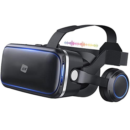 NK Gafas VR para Smartphone con Auriculares - Gafas Inteligentes 3D Realidad Virtual con Audio para Smartphone entre 4.7" - 6.53", Ángulo Visión 90-100º, Giro 360º, Objetivo y Pupila Regulable - Negro
