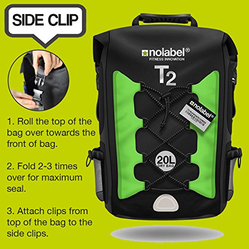 No Label Mochila Deportiva de 20L Impermeable - T2 Mochila para Ciclismo Running Triatlón y Deportes acuáticos. Protege del Polvo, la Arena, el Agua y la Suciedad Color Negro/Verde, tamaño