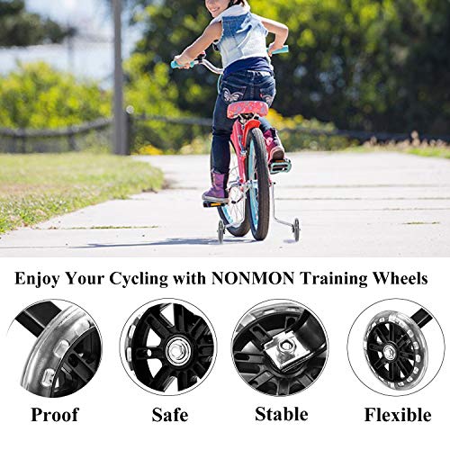 NONMON Ruedines Entrenamiento Accesorio para Bicicleta Infantil Universal, Estabilizador Destello Ruedas d'Apoyo par Bici 12 14 16 18 20 Pulgadas, Equipo Bueno para Principiantes Niños, Negro