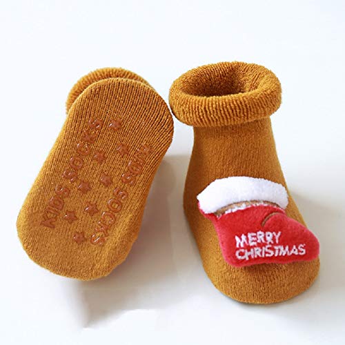 N&P 3 Pares Calcetines Antideslizantes Navideños para Bebé Niños Niñas Recién Nacido Infantil de Felpa Termicos Suave Algodón Lindos con Papá Noel Reno Arbol de Navidad Invierno - Amarillo M