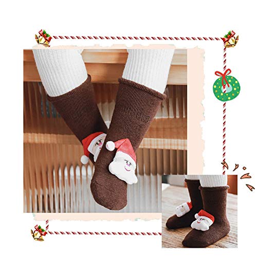 N&P 3 Pares Calcetines Antideslizantes Navideños para Bebé Niños Niñas Recién Nacido Infantil de Felpa Termicos Suave Algodón Lindos con Papá Noel Reno Arbol de Navidad Invierno - Amarillo M