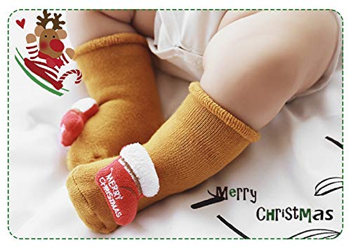 N&P 3 Pares Calcetines Antideslizantes Navideños para Bebé Niños Niñas Recién Nacido Infantil de Felpa Termicos Suave Algodón Lindos con Papá Noel Reno Arbol de Navidad Invierno - Amarillo M