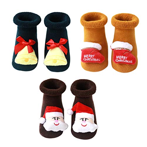 N&P 3 Pares Calcetines Antideslizantes Navideños para Bebé Niños Niñas Recién Nacido Infantil de Felpa Termicos Suave Algodón Lindos con Papá Noel Reno Arbol de Navidad Invierno - Amarillo M