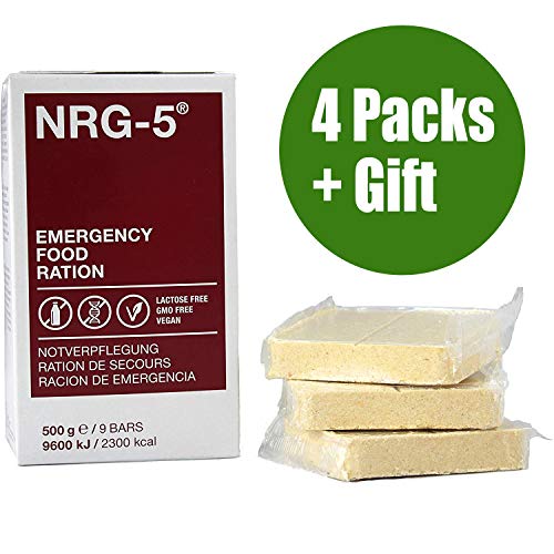 NRG-5 (Pack4 + Vaso Plegable) Alimentos de Emergencia |Pack de 4X NRG-5 Emergency Food Ration (Long Shelf Life 20 Years 06-2040) | Incluye Cuatro Paquetes de 500grs Cada uno = 2kg