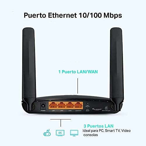【Nueva Versión 】Archer TP-Link TL-MR6400 - Router 4G LTE (Cat 4), velocidad hasta 300Mpbs, MicroSim, Puerto Ethernet LAN/WAN, Antena desmontable,Sin Configuración