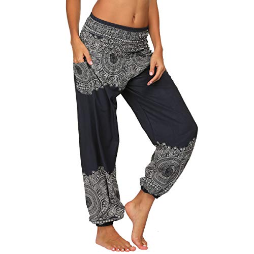 Nuofengkudu Mujer Hippies Pantalones Harem Tailandeses Boho Estampados Bolsillos Cintura Alta Baggy Yoga Pants Verano Playa Fiesta (Negro A,Talla única)