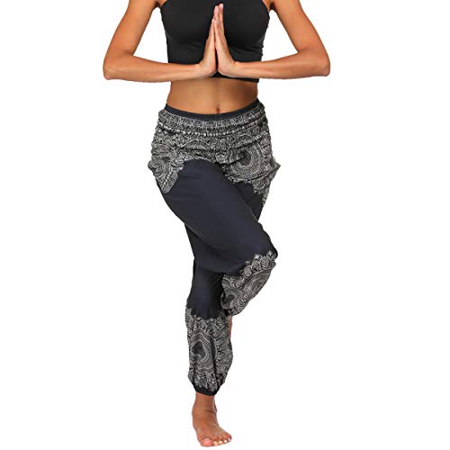 Nuofengkudu Mujer Hippies Pantalones Harem Tailandeses Boho Estampados Bolsillos Cintura Alta Baggy Yoga Pants Verano Playa Fiesta (Negro A,Talla única)