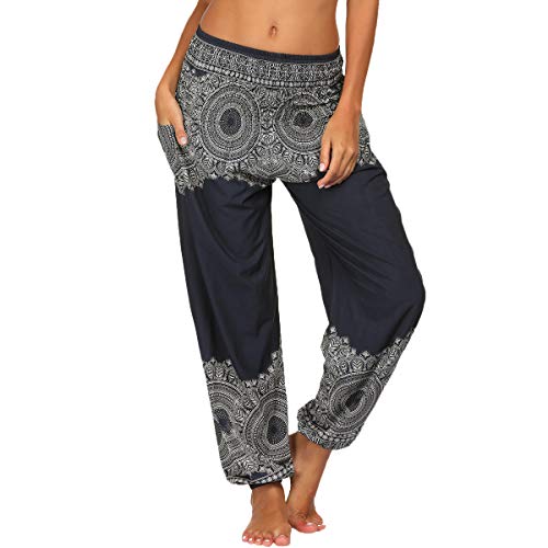 Nuofengkudu Mujer Hippies Pantalones Harem Tailandeses Boho Estampados Bolsillos Cintura Alta Baggy Yoga Pants Verano Playa Fiesta (Negro A,Talla única)