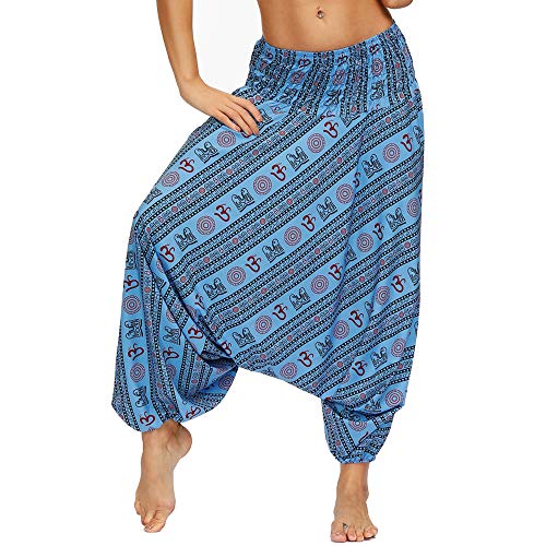 Nuofengkudu Mujer Pantalones Hippies Estampados Baggy Comodos Ligeros Cintura Alta Indios Yoga Pants Casual Playa Fiesta Verano(W-Azul B,Talla única)