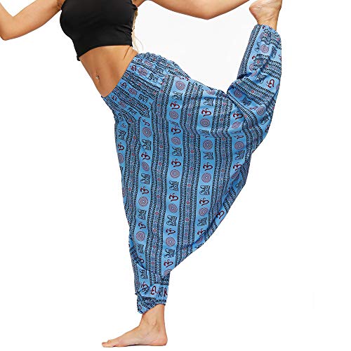 Nuofengkudu Mujer Pantalones Hippies Estampados Baggy Comodos Ligeros Cintura Alta Indios Yoga Pants Casual Playa Fiesta Verano(W-Azul B,Talla única)