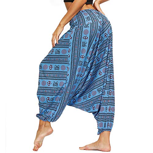 Nuofengkudu Mujer Pantalones Hippies Estampados Baggy Comodos Ligeros Cintura Alta Indios Yoga Pants Casual Playa Fiesta Verano(W-Azul B,Talla única)