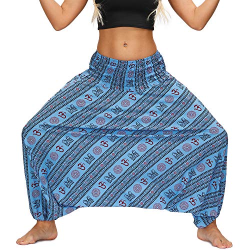 Nuofengkudu Mujer Pantalones Hippies Estampados Baggy Comodos Ligeros Cintura Alta Indios Yoga Pants Casual Playa Fiesta Verano(W-Azul B,Talla única)
