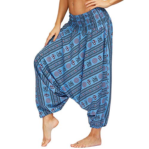 Nuofengkudu Mujer Pantalones Hippies Estampados Baggy Comodos Ligeros Cintura Alta Indios Yoga Pants Casual Playa Fiesta Verano(W-Azul B,Talla única)