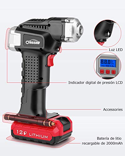 oasser Compresor de Aire Portátil Inflador de Neumáticos Bomba de Aire sin Cable para Coche Motocicleta Bicicleta con Manómetro Digital Batería de Litio 2000mAh Carga USB 120PSI P2-A