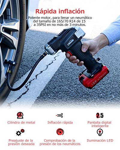 oasser Compresor de Aire Portátil Inflador de Neumáticos Bomba de Aire sin Cable para Coche Motocicleta Bicicleta con Manómetro Digital Batería de Litio 2000mAh Carga USB 120PSI P2-A