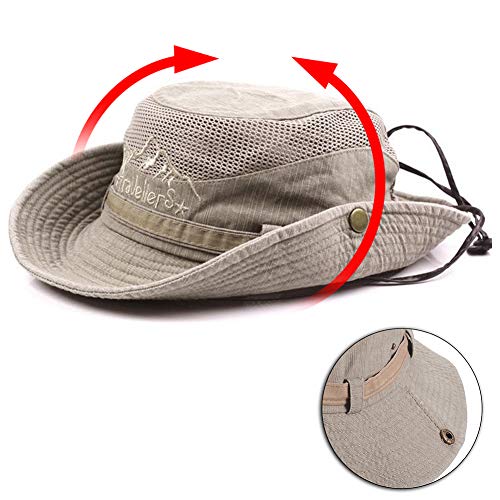 Obling Sombrero de Sol de algodón, protección UV, Sombrero de Verano Sombrero de Playa, Sombrero de Safari Sombrero de Pesca Plegable con Malla Transpirable y Correa Ajustable (Caqui)