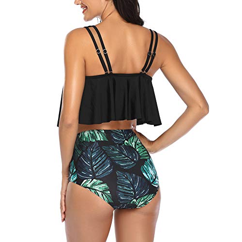 Occffy Conjuntos de Bikini para Mujer Traje de Baño en Dos Piezas Volantes Top Parte Inferior de Cintura Alta Tankini Conjunto de Bañador Mujer CH55 (Negro/Hoja, M)