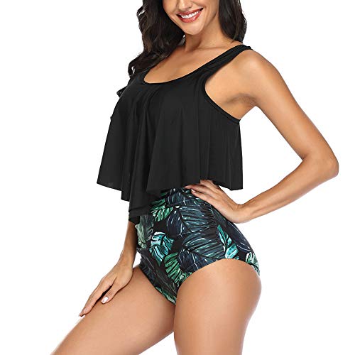 Occffy Conjuntos de Bikini para Mujer Traje de Baño en Dos Piezas Volantes Top Parte Inferior de Cintura Alta Tankini Conjunto de Bañador Mujer CH55 (Negro/Hoja, M)