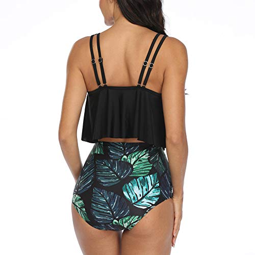 Occffy Conjuntos de Bikini para Mujer Traje de Baño en Dos Piezas Volantes Top Parte Inferior de Cintura Alta Tankini Conjunto de Bañador Mujer CH55 (Negro/Hoja, M)