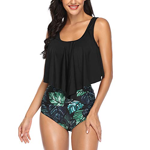 Occffy Conjuntos de Bikini para Mujer Traje de Baño en Dos Piezas Volantes Top Parte Inferior de Cintura Alta Tankini Conjunto de Bañador Mujer CH55 (Negro/Hoja, M)