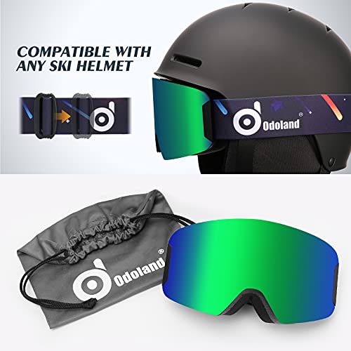 Odoland Gafas de Esquí para Niños y Adolescentes, Gafas Snowboard Antivaho, 100% Protección UV, Compatible con Cascos, Mascara de Esquí para Esquiar Snowboard Deportes de Invierno, Negro-Verde