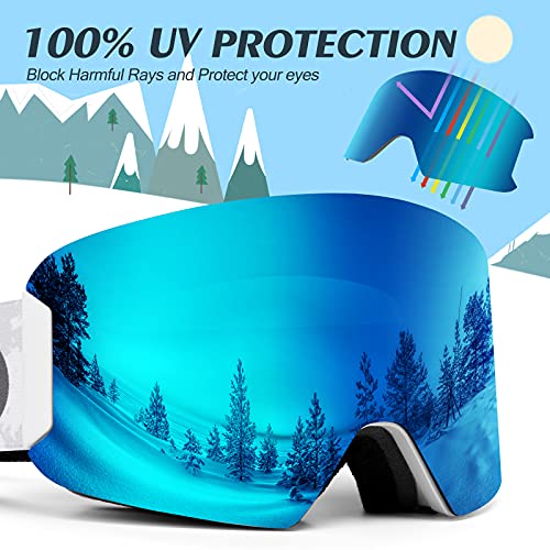 Odoland Gafas de Esquí para Niños y Adolescentes, Gafas Snowboard Antivaho, 100% Protección UV, Compatible con Cascos, Mascara de Esquí para Esquiar Snowboard Deportes de Invierno, Blanco-Azul